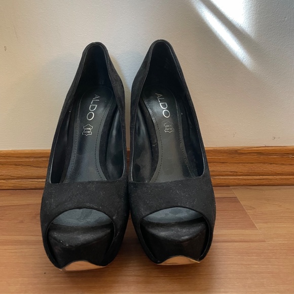Black suede open toe heels. Size 6.5 - Picture 2 of 2